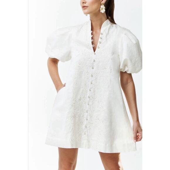 Mestiza New York Elliana Barong Mini Linen Blend Dress in Ivory Size Large